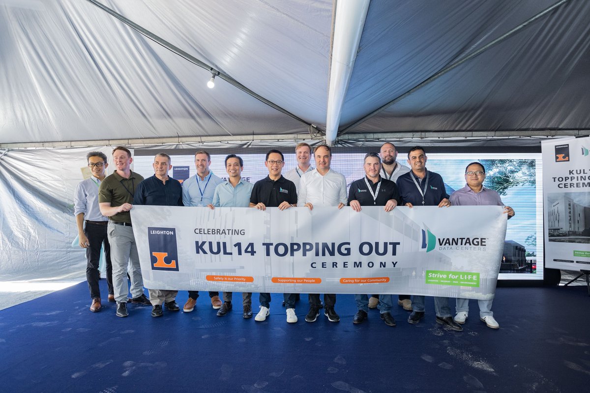 VantageDC's tweet photo. We recently celebrated the topping-out of our KUL14 data center in Cyberjaya, Malaysia. The 16MW facility is the largest on our KUL1 campus and is scheduled to open in early 2025. Congrats to the entire team on this milestone! https://t.co/zdThXJs2tS