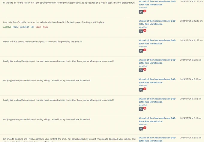 A screenshot of pending spam comments that all say uninteresting things like "I really like reading through a post that can make men and women think," or "Pretty! This has been a really wonderful post. Many thanks for providing these details."