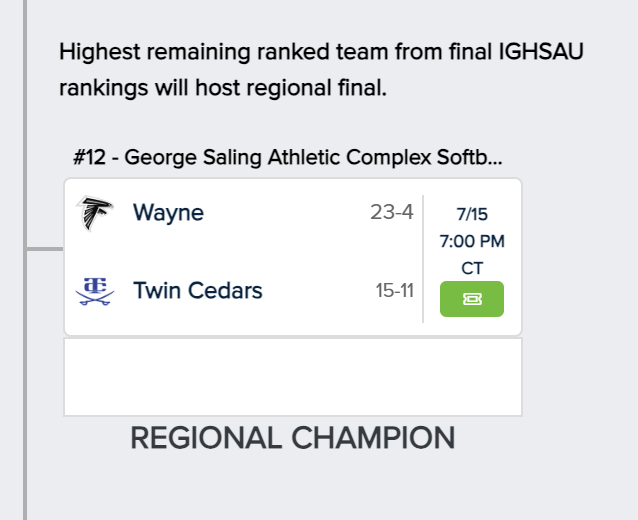 TC_Sabers's tweet photo. The championship game of regional softball is tomorrow, Monday, July 15 @ 7:00. Twin Cedars vs Wayne @ The George Saling Athletic Complex.
To purchase tickets. https://t.co/B8PUIStRgh https://t.co/7KmCXBKHHr