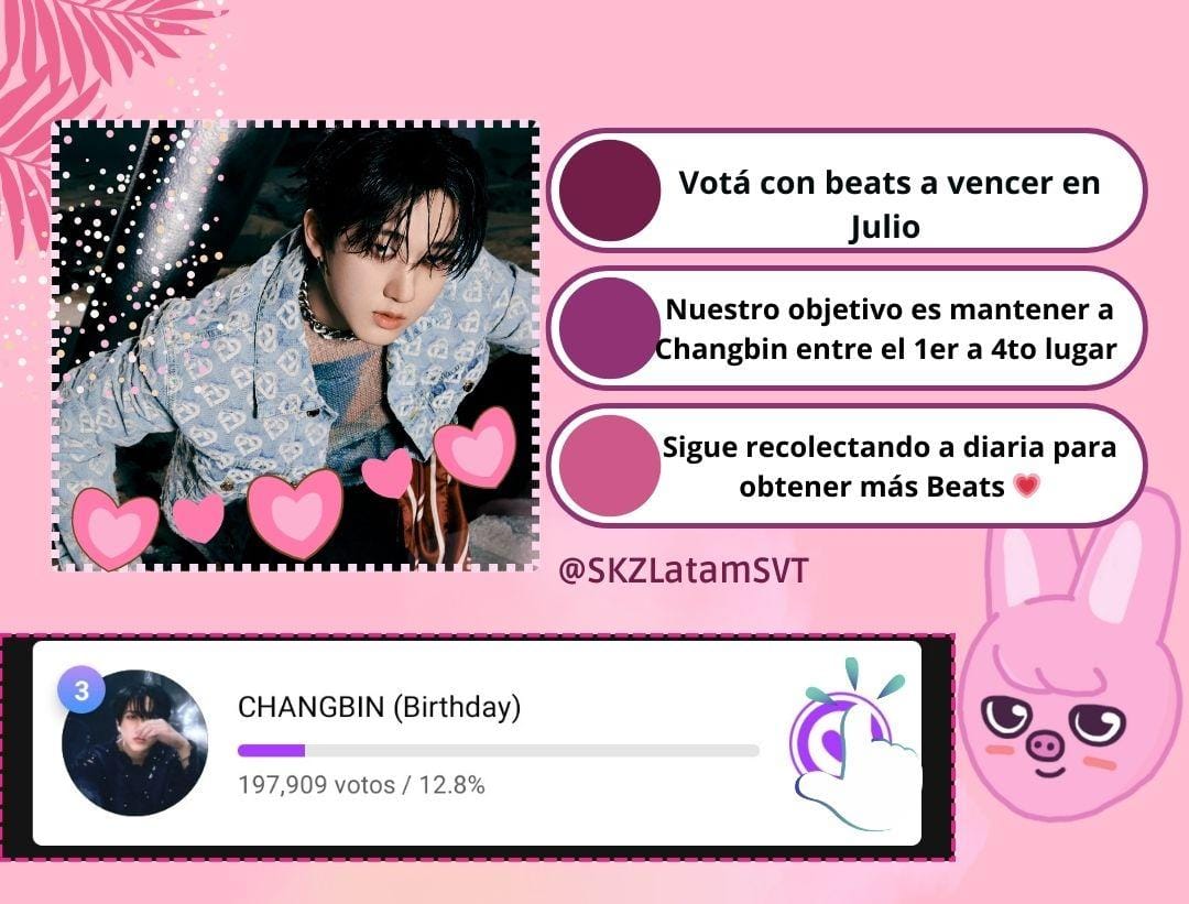 🎂MUBEAT/AGU.ANNIVERSARY CHANGBIN🐰🐷

⚠️Vota con heart beats que vayan a vencer  en Julio 
☑️ guarda el resto para el CB 
🔚18 de julio 12:00 (KST)
🎁Póster digital de la estación de Gangnam

🗳️ Link de votación
mubeat.page.link/7vFwM
—🐾
<a href="/Stray_Kids/">Stray Kids</a> #StrayKids #스트레이키즈