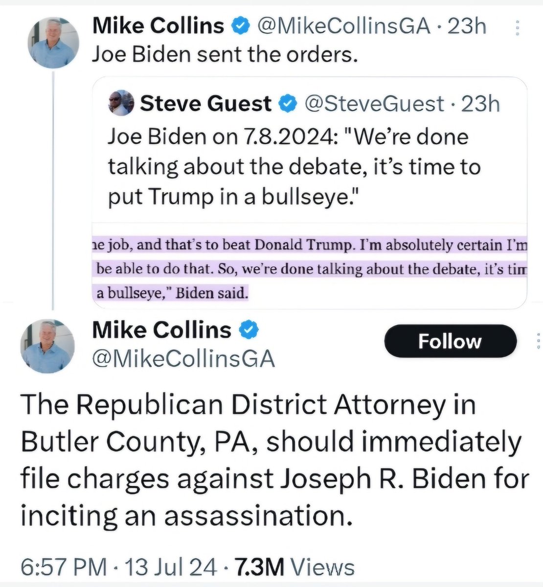 24 hours ago, former President Trump dodged a bullet, and sadly, one rallygoer was killed while saving his family. If there was ever a time when we must tone down political rhetoric, it's now.

My opponent Mike Collins' social media posts are disturbing. He must be defeated.