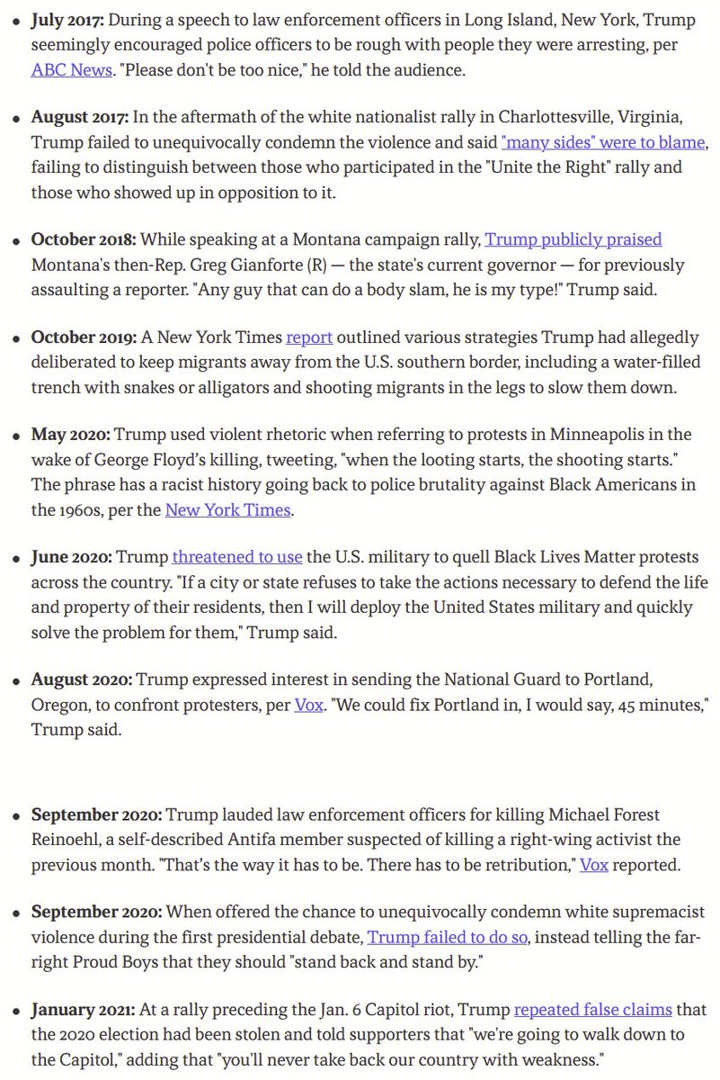 VicedRhino's tweet photo. When you see right wingers clutching their pearls about the fact that some of us aren't expressing our condolences to tangerine Hitler, keep in mind this partial list of times when he explicitly condoned violence (which only goes to 2021). https://t.co/YJn4grA0FG