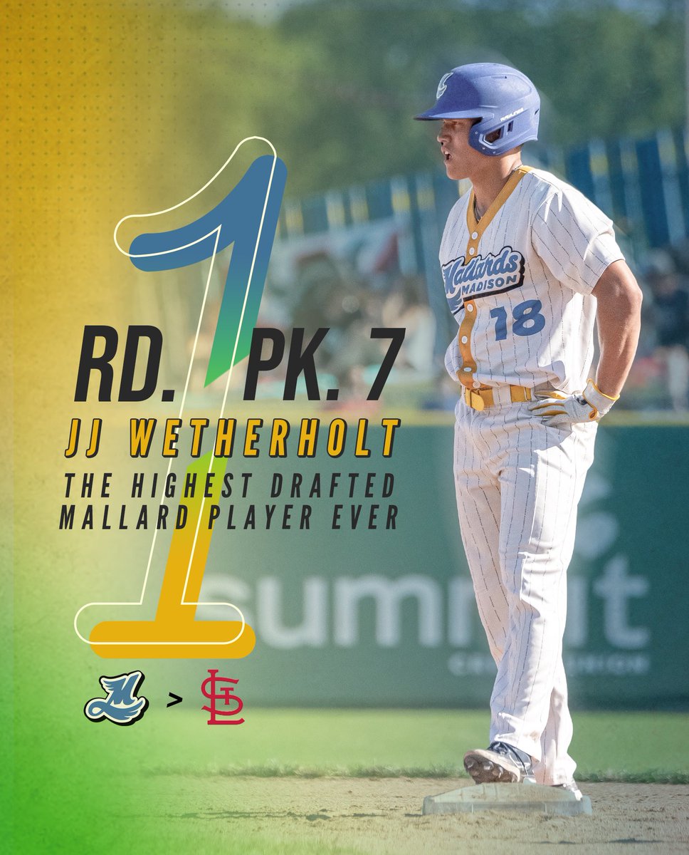 Madison Mallards (@madisonmallards) on Twitter photo The HIGHEST DRAFTED MALLARD EVER - and now heโs a <a href="/Cardinals/">St. Louis Cardinals</a> ๐ฆ
Congratulations to <a href="/jj_wetherholt/">JJ Wetherholt</a> canโt wait to see you in St. Louis ๐ฅ
#MLBDraft x #STLCards The HIGHEST DRAFTED MALLARD EVER - and now heโs a <a href="/Cardinals/">St. Louis Cardinals</a> ๐ฆ
Congratulations to <a href="/jj_wetherholt/">JJ Wetherholt</a> canโt wait to see you in St. Louis ๐ฅ
#MLBDraft x #STLCards