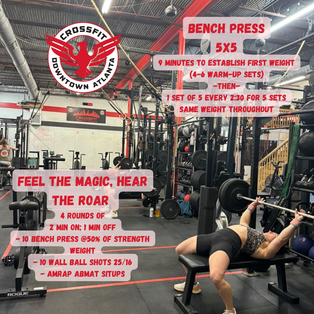 cfdowntownatl's tweet photo. 240715 "Feel The Magic, Hear the Roar" #intervals #benchpress #wallball #abmat #situps #cfda #liftheavy #runfast #havefun #bewell #cabbagetown #crossfitwod #committedtocrossfit #crossfit #WOD #CFWOD #workout https://t.co/TVSMAAU90E