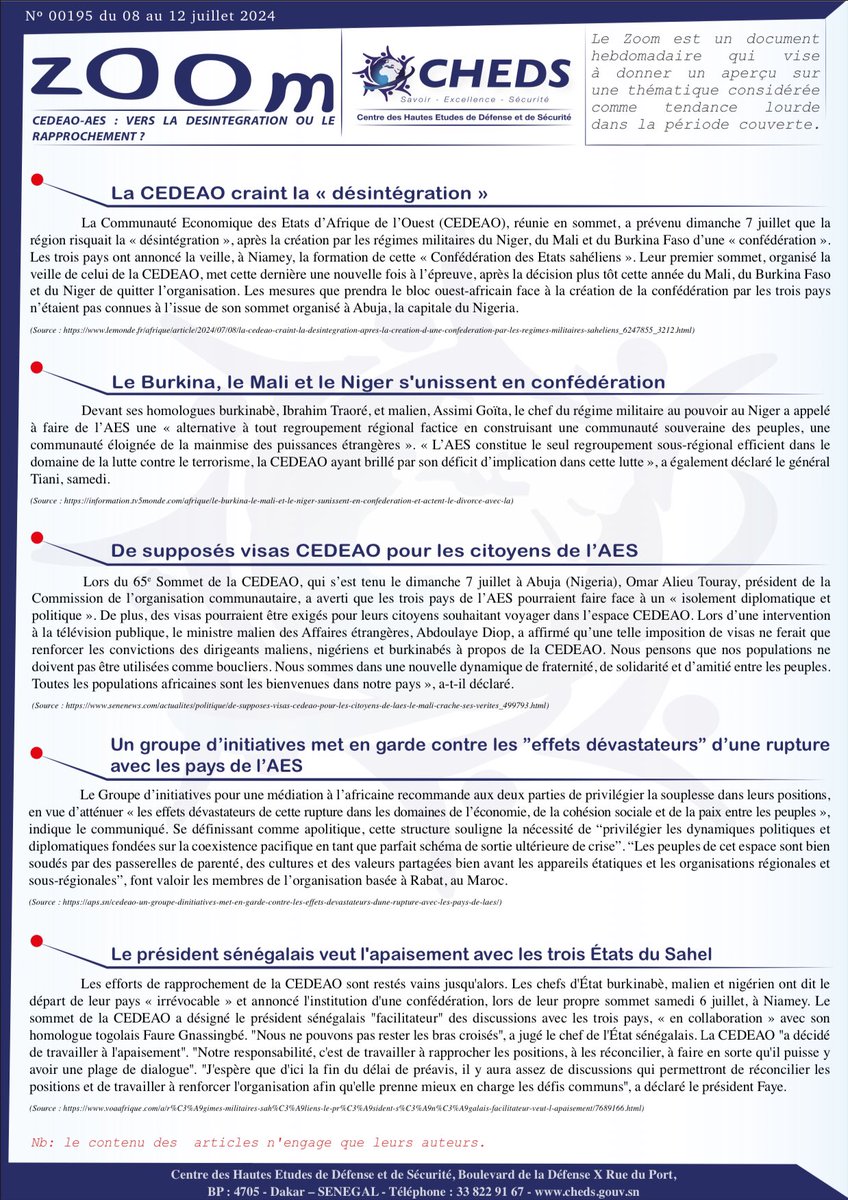 CHEDS_'s tweet photo. N°195 du 08 au 12 juillet 2024
« CEDEAO-AES VERS LA DÉSINTÉGRATION OU LE RAPPROCHEMENT ? »
Bonne lecture et n'hésitez pas à nous laisser vos contributions et avis ☺️
https://t.co/3LVQs4hsGb
#CEDEAO #AES #Desintegration #rapprochement #Afrique #zoom https://t.co/sh5NRnAkWM