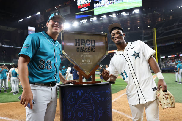 Alabama State's Luis Rodriguez and Jamal George pose with the trophy following the HBCU Swingman Classic at Globe Life Field in Arlington, Texas
Thx-Emmanuel