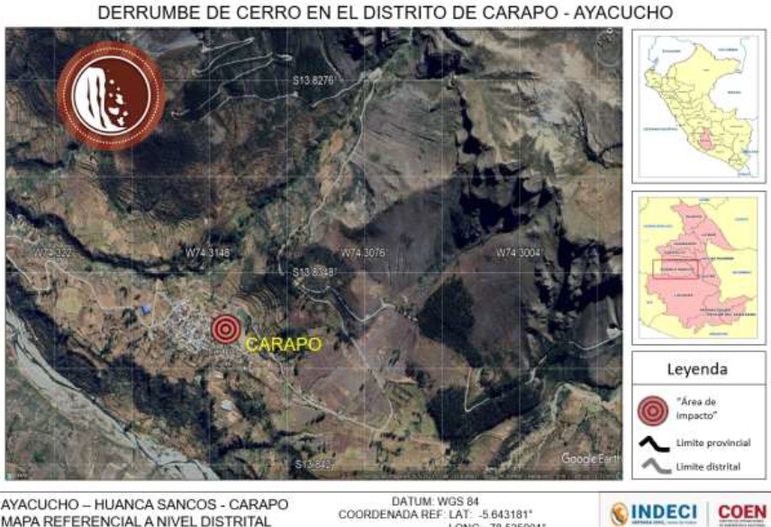 COENPeru's tweet photo. #COENInforma
Ayacucho: esta madrugada se produjo un #Derrumbe de cerro que causó daños a carretera en el distrito #Carapo, provincia Huanca Sancos. Municipio distrital coordina con @ProviasNac_Peru maquinaria pesada para rehabilitar la zona afectada. (1/2) https://t.co/pWcak3IRpl