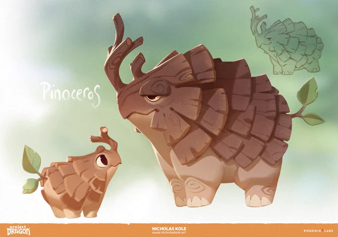 One of the first creature ideas I pitched at the start of Dragon was the Pinoceros, and it stuck! Erika &amp; I went on a walk in the woods talking about the project, our early memories of playing pretend in the forest, favorite rpgs, and by the time we got back the pino was hatched! 