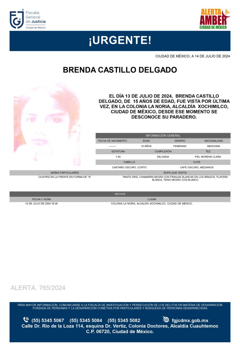FiscaliaCDMX's tweet photo. Se activa #AlertaAmber para localizar a una menor de 15 años de edad, de nombre Brenda Castillo Delgado, fue vista por última vez el día 13 de julio de 2024 en la colonia La Noria, alcaldía Xochimilco https://t.co/JQEpAjOfIp