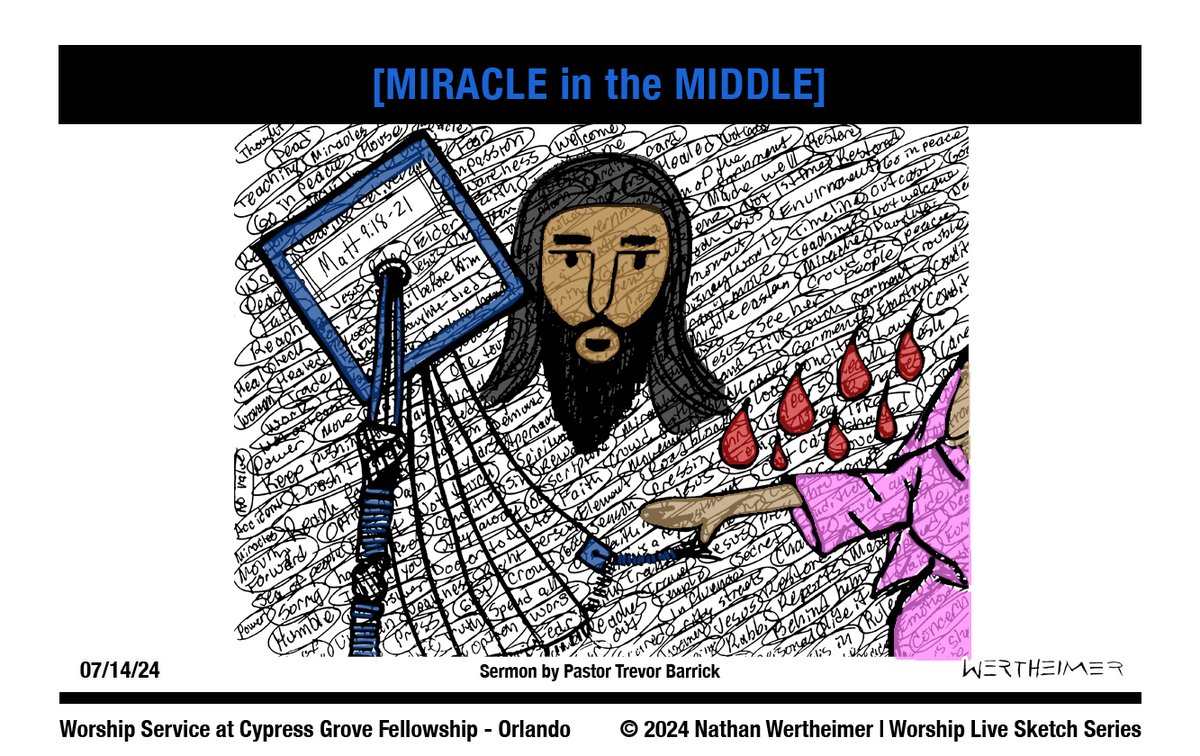 DrawingFromGod's tweet photo. Here's a past weekend's Worship Live Sketch Series entitled "[MIRACLE in the MIDDLE]" with sermon by Pastor Trevor Barrick from Cypress Grove Fellowship Church in South Orlando. Artwork by Nathan Wertheimer. #nathanwertheimer #mycgf #cypressgroveorlando #upci #flupci https://t.co/xz2BG9KL31