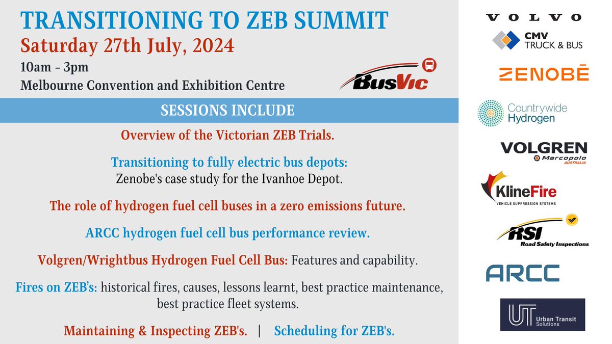 Less than two weeks to go to our Transitioning to ZEB Summit. The program is locked and it promises to be an educational and memorable event.

Full details and registration available on our website - busvic.asn.au/node/16184

#busvic #ZeroEmissionBuses #ZeroEmissions