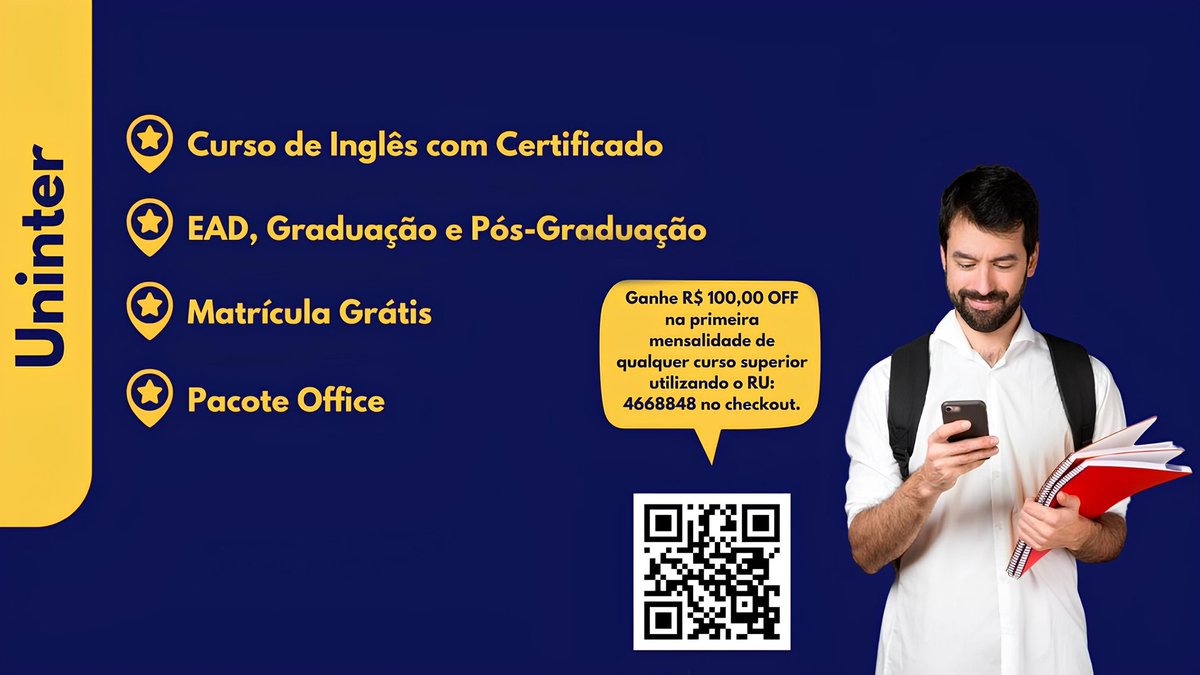 💙 Cupom de Desconto na Faculdade Uninter:

🎓 Matrícula Grátis
🇺🇸 Curso de Inglês com Certificado
☁️ Pacote Office
📜 EAD, Graduação e Pós-Graduação

🎁 Ganhe R$ 100,00 OFF na mensalidade em qualquer curso superior com o RU: 
🎫 4668848
✅ Inscreva-se: bit.ly/MoliUninter