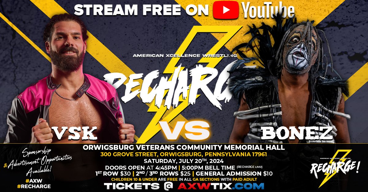 American Xcellence Wrestling | AXW (@official_axw) on Twitter photo ⚡RECHARGE! LIVE 7/20⚡
THIS SATURDAY, JULY 20TH, the <a href="/Official_AXW/">American Xcellence Wrestling | AXW</a> Nation will witness the biggest #AXWRECHARGE!⚡ to date!
We HIGHLY recommend you have your butts in your seats OR your computer/device tuned into our official YouTube channel (youtube.com/@AmericanXWres…) by 5:00PM ⚡RECHARGE! LIVE 7/20⚡
THIS SATURDAY, JULY 20TH, the <a href="/Official_AXW/">American Xcellence Wrestling | AXW</a> Nation will witness the biggest #AXWRECHARGE!⚡ to date!
We HIGHLY recommend you have your butts in your seats OR your computer/device tuned into our official YouTube channel (youtube.com/@AmericanXWres…) by 5:00PM