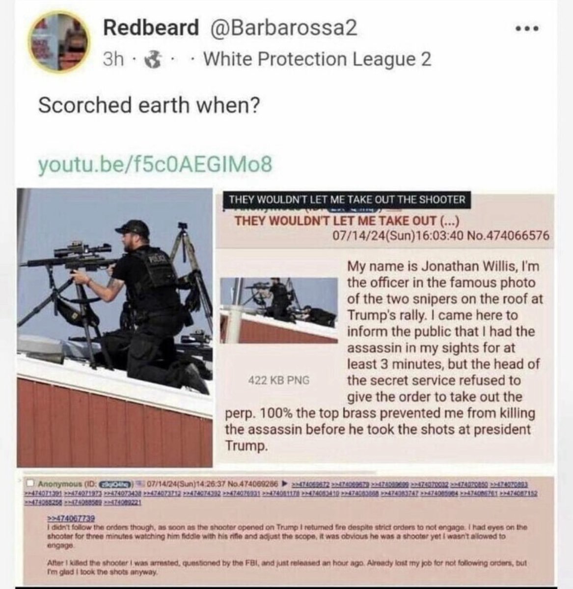 KayJUSA's tweet photo. @dbongino Dan… is this story true? We all watched, and heard the shooter fired first..even tho #JonathanWillis had him in his scope. Willis, we’re told, was told to stand down, and later fired for taking the shot. https://t.co/FaCCeJbnR8