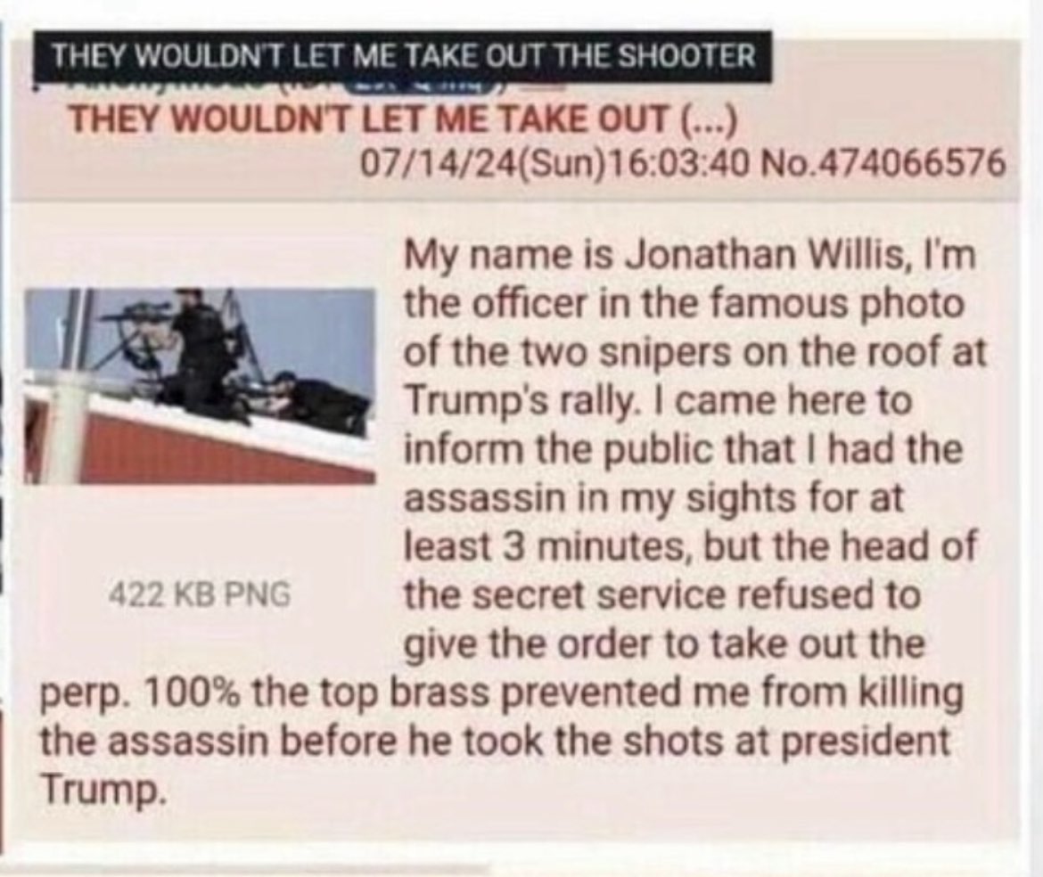 KayJUSA's tweet photo. @dbongino Dan… is this story true? We all watched, and heard the shooter fired first..even tho #JonathanWillis had him in his scope. Willis, we’re told, was told to stand down, and later fired for taking the shot. https://t.co/FaCCeJbnR8