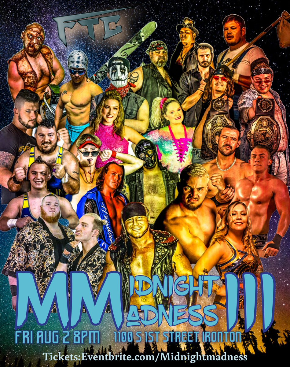 MIDNIGHT MADNESS III

FTC FANS, Midnight Madness returns! All of your FTC favorites battling it out under the night sky!! 

Friday August 2nd, 8pm
Bring your own seating $15
Vip ringside seating $20

Tickets available at FTC Art of Grappling, and online at eventbrite.com