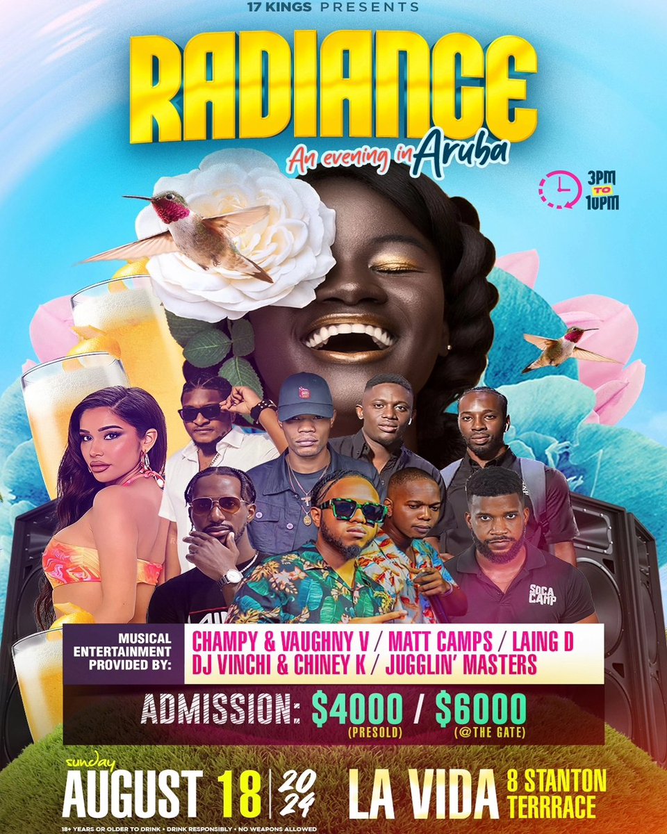 Radiance_Event's tweet photo. 🧡RADIANCE: An Evening in Aruba🇦🇼 

SUNDAY, Aug. 18, 2024
Kingston, Jamaica 🇯🇲
Venue: La Vida @ 8 Stanton Terrace (Pollyanna Caterers)

Presold: $4000
Gates: $6000
Available on Xtickets Website

Or from our ticket Ambassadors 

FOOD INCLUSIVE: Between 4PM-8PM

Music by: The Best https://t.co/3kibTXUP28