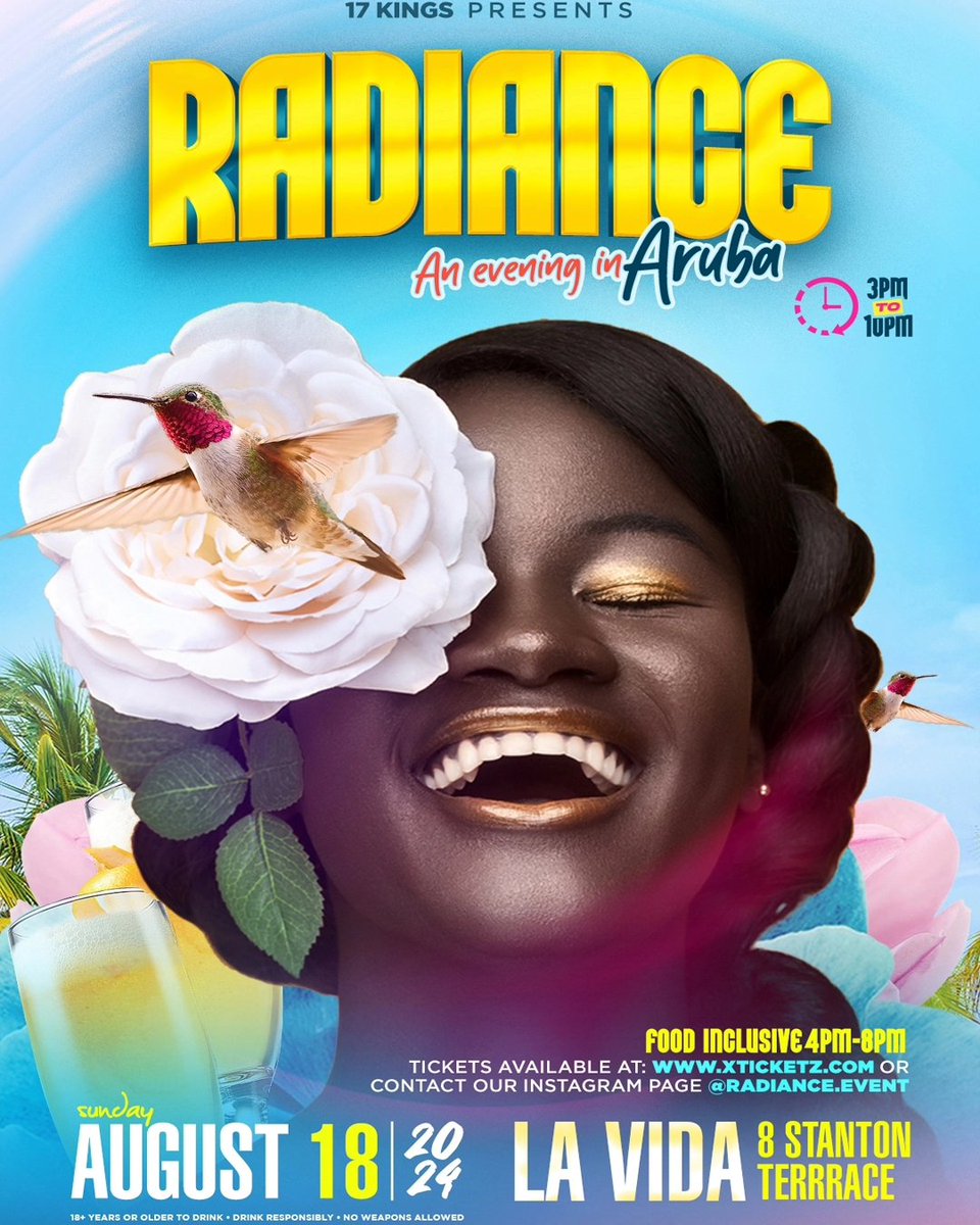 Radiance_Event's tweet photo. 🧡RADIANCE: An Evening in Aruba🇦🇼 

SUNDAY, Aug. 18, 2024
Kingston, Jamaica 🇯🇲
Venue: La Vida @ 8 Stanton Terrace (Pollyanna Caterers)

Presold: $4000
Gates: $6000
Available on Xtickets Website

Or from our ticket Ambassadors 

FOOD INCLUSIVE: Between 4PM-8PM

Music by: The Best https://t.co/3kibTXUP28