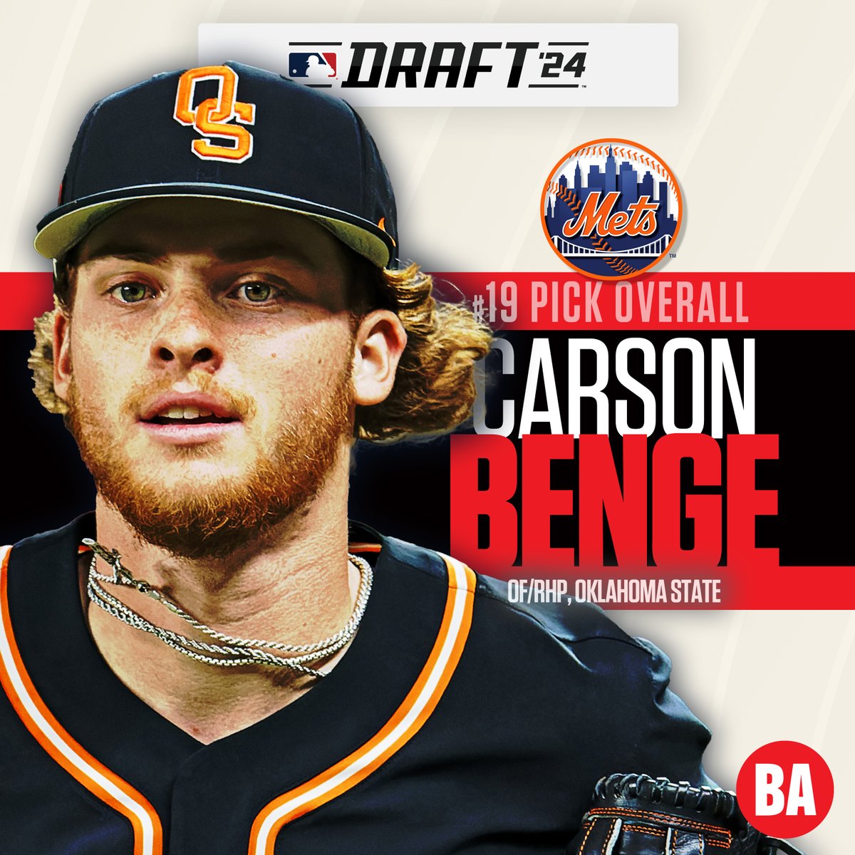 Baseball America (@baseballamerica) on Twitter photo With the No. 19 pick in the 2024 MLB Draft, the <a href="/Mets/">New York Mets</a> select Carson Benge, OF/RHP, <a href="/OSUBaseball/">OSU Cowboy Baseball</a> With the No. 19 pick in the 2024 MLB Draft, the <a href="/Mets/">New York Mets</a> select Carson Benge, OF/RHP, <a href="/OSUBaseball/">OSU Cowboy Baseball</a>