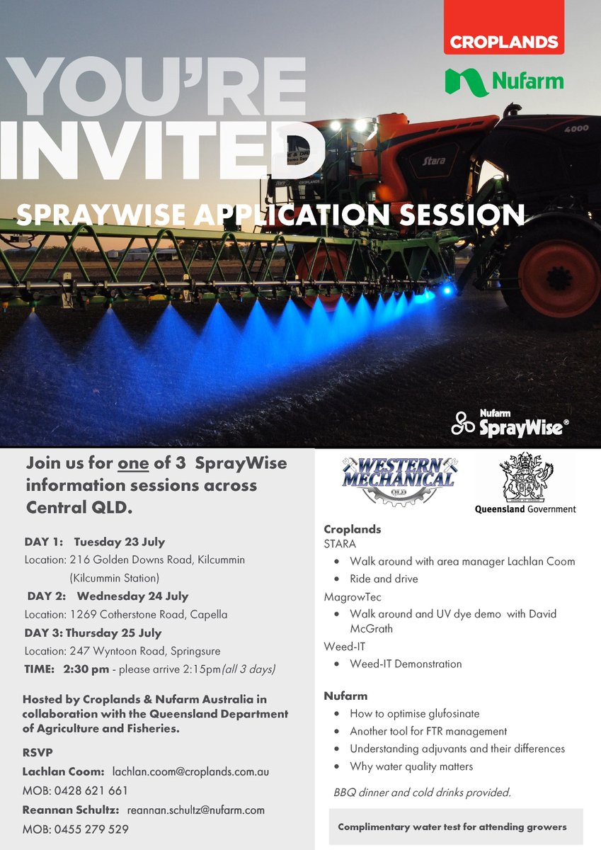 Croplands's tweet image. NEXT WEEK - Central QLD
YOU ARE INVITED to SprayWise Application sessions

#croplands #spraywise #nufarm #westernmechanicalQLD #bestpractice #stara #informationsession #knowledgeiskey #bestforthebest