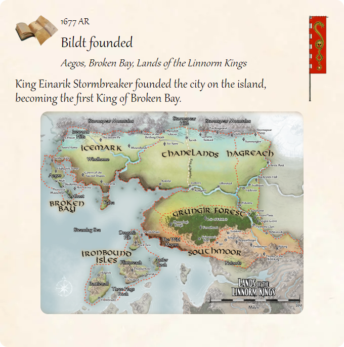 GolarionToday's tweet photo. 1677 AR: Bildt founded
#Aegos #BrokenBay #LinnormKingdoms #EinarikStormbreaker #1677AR
https://t.co/26WYAsGLkl
King Einarik Stormbreaker founded the city on the island, becoming the first King of Broken Bay. https://t.co/j4vlgkpBtm
