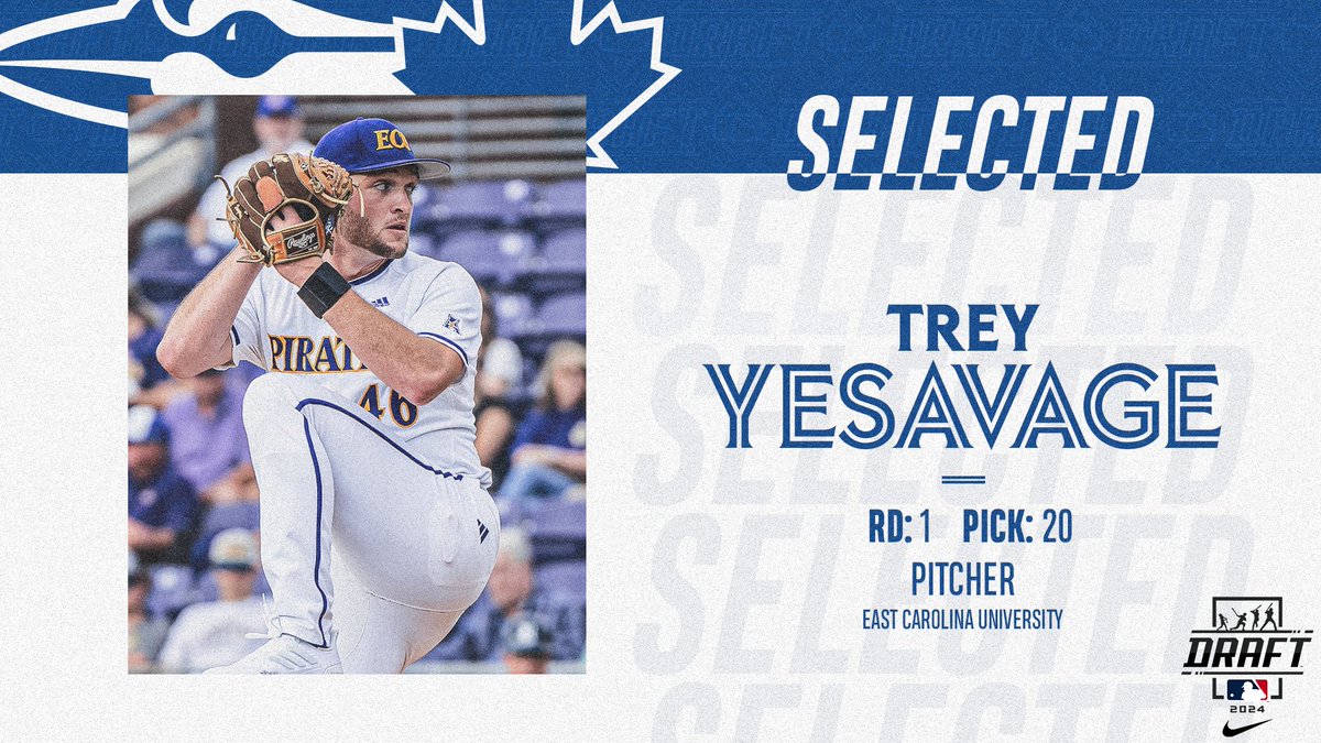 BlueJays's tweet photo. With the 20th pick in the 2024 #MLBDraft, we've selected RHP Trey Yesavage from East Carolina University. 

Welcome, Trey! https://t.co/VHBhlX69OF