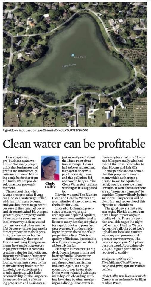 Florida's Right to Clean Water for future generations. #flrtcw2026 
#FloridaVoters please sign the 2026 ballot petition today. Cost- 5 minutes &amp; a Stamp.
Floridarighttocleanwater.org