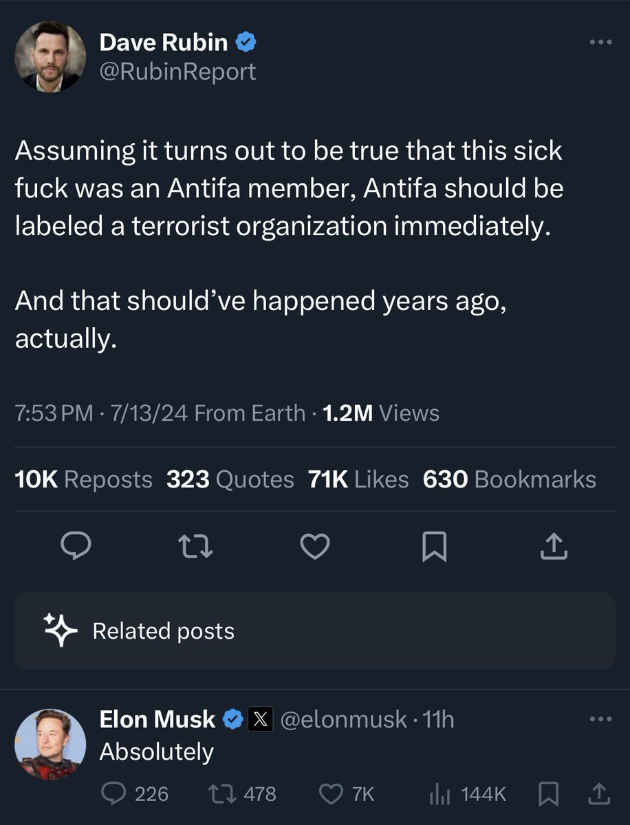 FredLambert's tweet photo. The Trump assassination attempt was a good test of the reporting on X vs traditional media.

I followed the event through both, and I can say that I was way better informed by the media than X. 

Elon and co attacked the media for their cautious headlines, but that’s what it was: caution. As more information came, all credible media clearly stated what happened. Someone tried to kill Trump.

But on X, you had everyone jumping to conclusions. Elon blaming secret service and antifa before having all the details. 

He says that antifa should be labeled a terror group if the shooter is found to be part of it. Will he now call for the Republican Party to be labeled a terror group now that we know the shooter was a gun nut GOP card holder? Of course not.

Elon is lost to culture wars. He is addicted to social media. I had some hope he would see it and get out of it, but he bought the whole thing. He is like a meth addict who bought a meth lab.