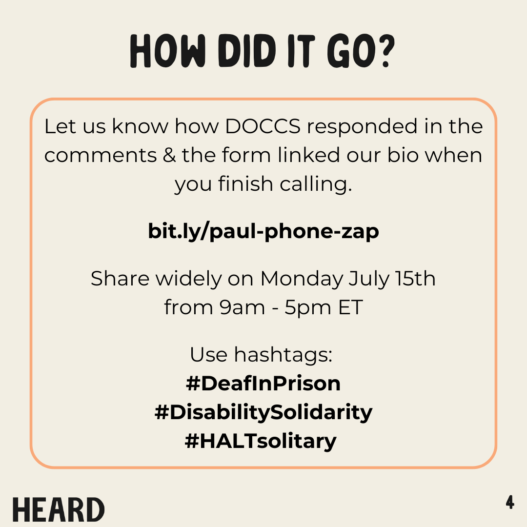 behearddc's tweet photo. Phone Zap Alert: Monday July 15th 9am - 5pm ET
Call + email NY DOCCS Director of Special Housing & Inmate Disciplinary programs to demand that Paul be released from solitary + return to gen pop.
Script provided. https://t.co/wh92ZqCqnN
#DeafInPrison
#DisabilitySolidarity https://t.co/0QtlihWNrW