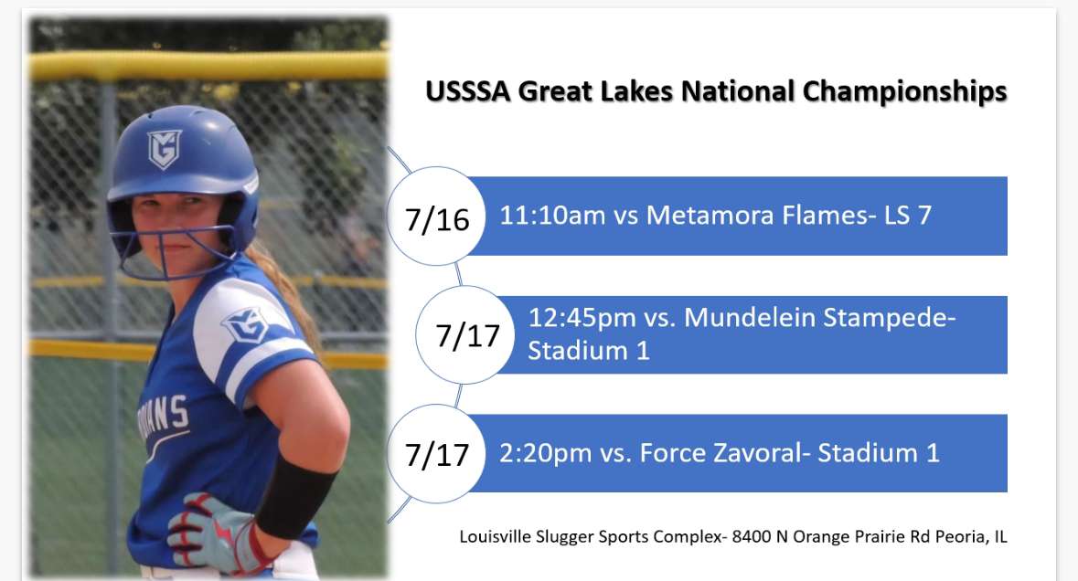 Here is my schedule for the USSSA Great Lakes National Championships!! Super excited for a great week in Peoria!
<a href="/VSA_Softball/">VSA_Softball</a> <a href="/unwsoftball/">UNW Softball</a> <a href="/GBPhoenixSB/">Green Bay Softball</a>
