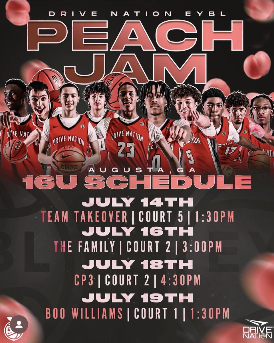 DriveNation_E15's tweet photo. 🔴⚫️DN 16U Official Schedule⚫️🔴
-
🌐EYBL Peach Jam
🏟️Riverview Park Activities Center
📍North Augusta, SC
🎥https://t.co/HBWxquxR4b
-
#EYBL #PeachJam #drivenationbasketball #nikebasketball https://t.co/EZbXxyn0Bk