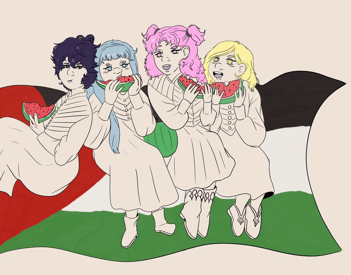 my third prompt for the <a href="/whaexchange/">witch hat atelier gotcha for gaza may 26-june 15</a> was from an anonymous person. they asked for the girls or arkco eating watermelon. they wanted something that would make them smile… so i hope this does the job 🫶🍉

thank you for donating!