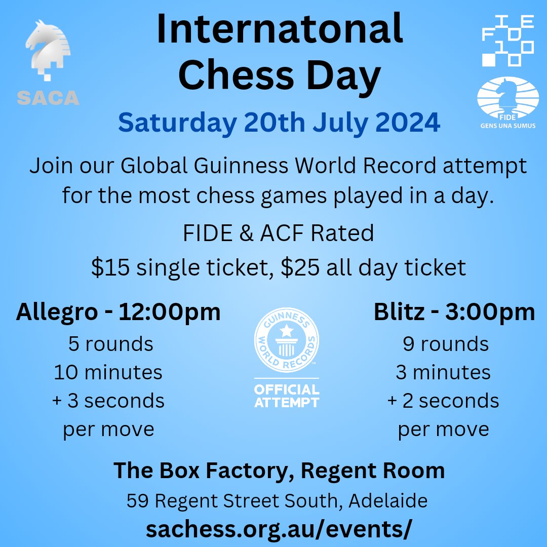sachessau's tweet photo. Saturday is International Chess Day. Be part of our record setting event. Over 400 tournaments are registered world wide to set a Guinness World Record for the most chess games played in a day.
#AusChess #Adelaide #Chess #SACA https://t.co/JDNIqpgB2G