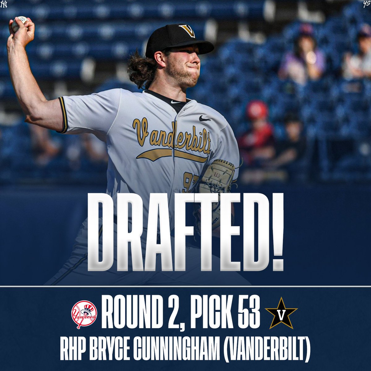 _yankeesource's tweet photo. The Yankees have selected Vanderbilt RHP Bryce Cunningham with the 53rd pick in the 2024 MLB Draft!

Welcome to the Yankees, Bryce! #RepBX #BryceCunningham #MLB #MLBDraft24 #MLBDraft #MLBDraft2024 https://t.co/2ael7Hc3Ot