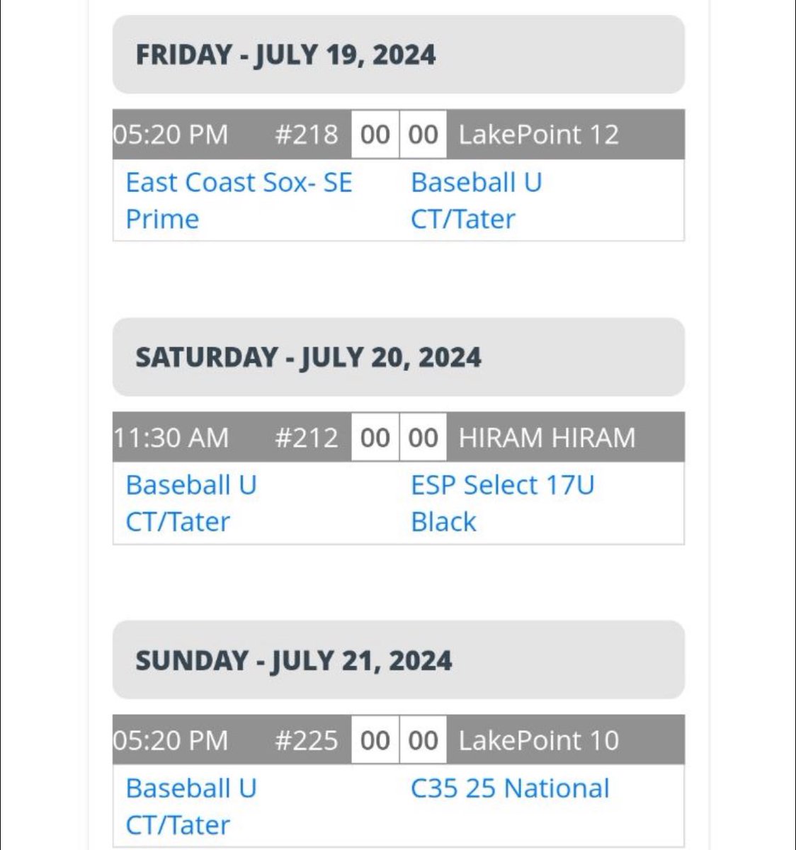 arosebaseball's tweet photo. Schedule for PBR 17u National Championships in Lake Point, Georgia. @BaseballUCT #ufam https://t.co/YfU5nVRWsT