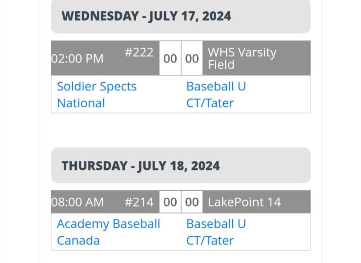 arosebaseball's tweet photo. Schedule for PBR 17u National Championships in Lake Point, Georgia. @BaseballUCT #ufam https://t.co/YfU5nVRWsT