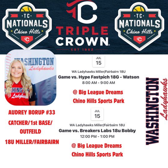 College Coaches, I’m headed down to TC Nationals, Chino Hills, CA. Please check out my “Pool-Play” schedule <a href="/CoachTarr/">Heather Tarr 🦄 💜</a> <a href="/JustinShults33/">Justin Shults</a> <a href="/SandraWente/">Sandra Wente</a> <a href="/CaitlinLowe/">Caitlin Lowe</a> <a href="/lauraberg44/">Laura Berg OLY</a> <a href="/coachkoons/">Jo Koons</a> <a href="/melanie_meuchel/">Melanie Meuchel</a> <a href="/paigeparker008/">Paige Parker</a> <a href="/ladyhawksgold/">Washington Ladyhawks Fastpitch Organization</a> <a href="/Kara_Dill/">Kara Dill</a> <a href="/Drew_Rich1221/">Andrew Rich</a>
