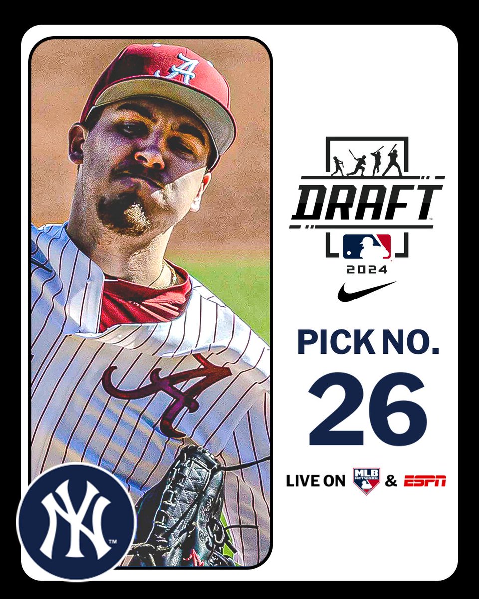 MLBDraft's tweet photo. With the 26th pick in the 2024 Draft, the @Yankees select @AlabamaBSB right-handed pitcher Ben Hess, No. 44 on the Top 250 Draft Prospects list.

Watch LIVE: https://t.co/eLMJAXDe7Z https://t.co/9RN2d6n2OO