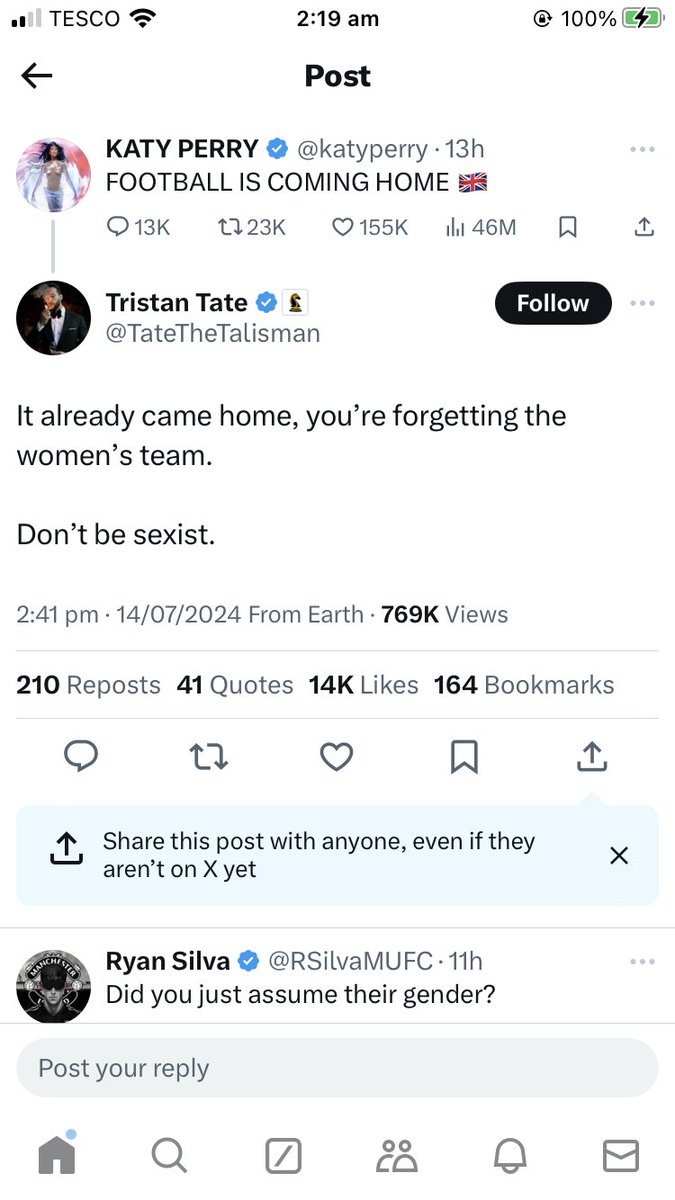 kermitcrimes's tweet photo. This might be the craziest turn of events I’ve seen. Tristan Tate standing up for the woman’s England Football Team winning was not on my 2024 bingo card. https://t.co/4NnBTUCJC0