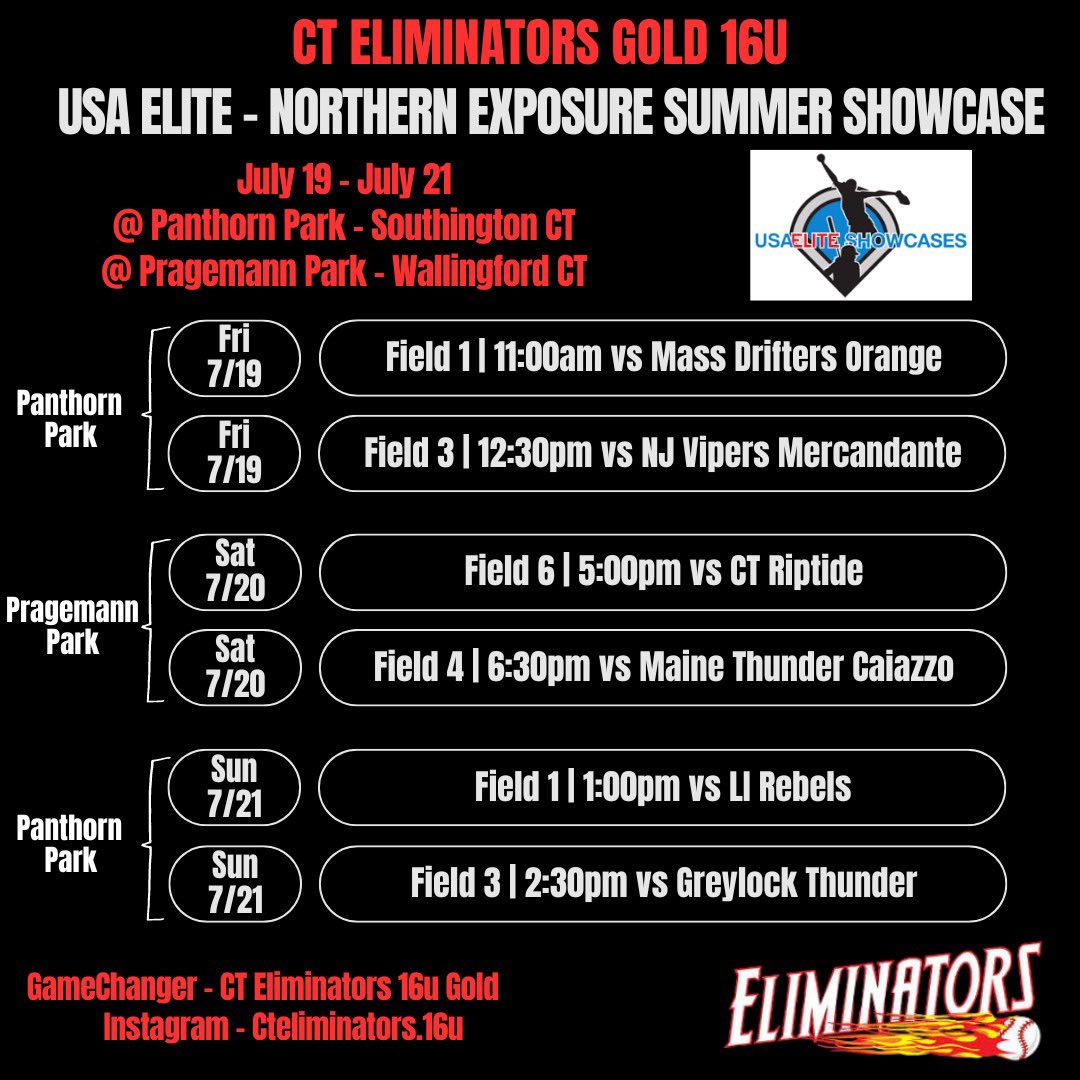 USA Elite Northern Exposure Showcase Schedule ⬇️ Looking forward to a great weekend with my teammates starting this Friday‼️I will also be attending the Next Level Clinic on July 18th from 4-8pm <a href="/CTEliminator_SB/">CTEliminators_Softball</a>
