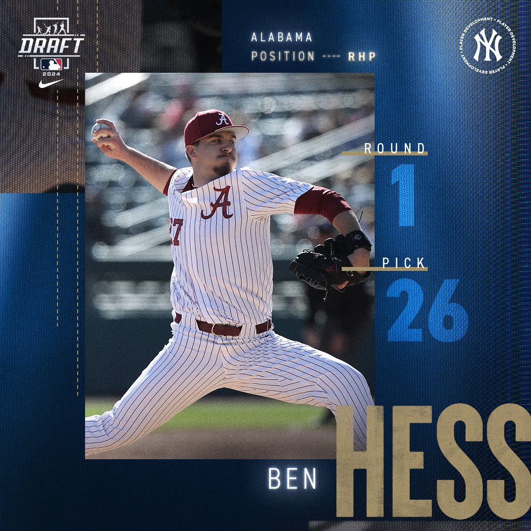 NYYPlayerDev's tweet photo. Round 1 | Pick 26: The New York Yankees select RHP Ben Hess out of Alabama.

#MLBDraft https://t.co/v86mXt3NeN