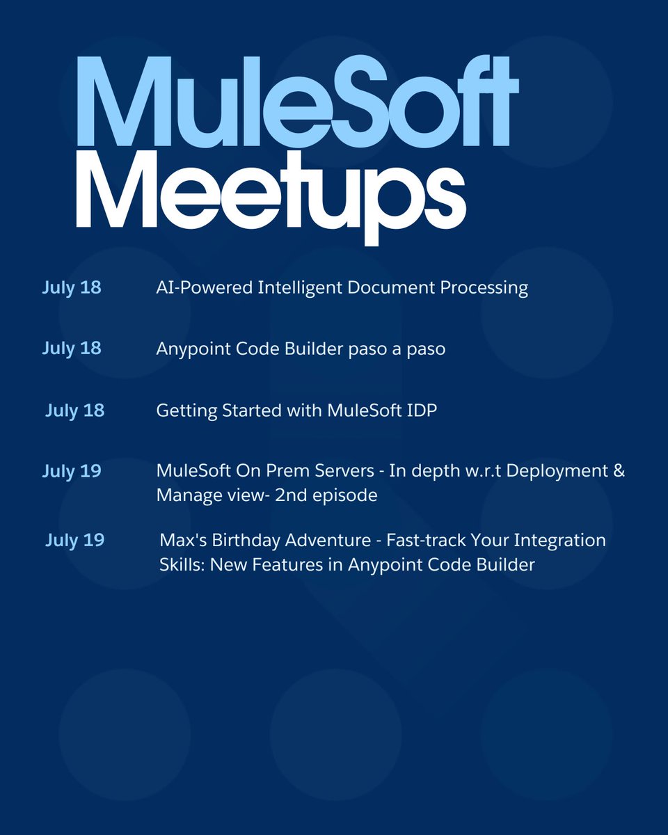 MuleSoft's tweet photo. We're booked and busy with this week's #MuleSoftMeetups: https://t.co/T0OJi8bxEO https://t.co/hhKPhArd0Z
