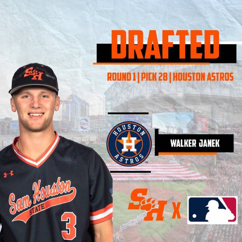 SportsofSHSU's tweet photo. With the 28th pick in 2024 MLB Draft the Houston Astros have selected Sam Houston Catcher Walker Janek! 

#ProKats https://t.co/Udh354YdNG