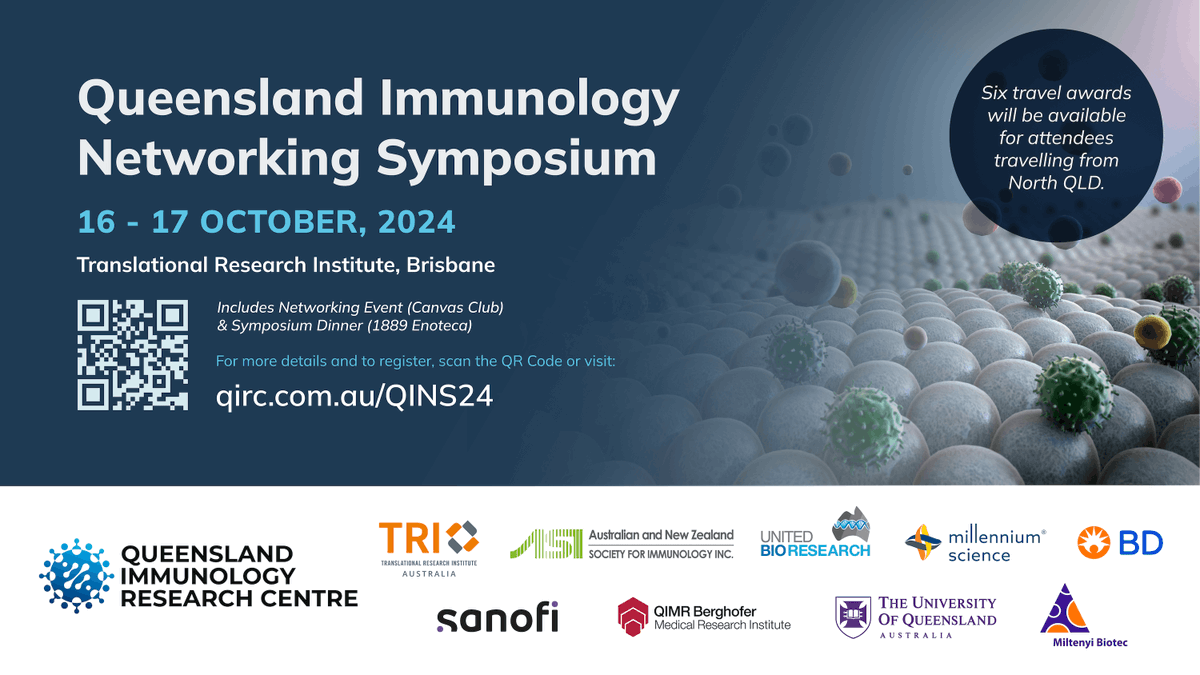 Queensland Immunology Research Centre (@qldimmunology) on Twitter photo Registration is OPEN for the 2024 Queensland Immunology Networking Symposium! Join us in Brisbane at <a href="/TRI_info/">Translational Research Institute</a> on 16-17 Oct, for an event connecting immunology researchers, clinicians, and industry leaders from across QLD. Don't miss out—register now 👉 qirc.com.au/qins24 Registration is OPEN for the 2024 Queensland Immunology Networking Symposium! Join us in Brisbane at <a href="/TRI_info/">Translational Research Institute</a> on 16-17 Oct, for an event connecting immunology researchers, clinicians, and industry leaders from across QLD. Don't miss out—register now 👉 qirc.com.au/qins24
