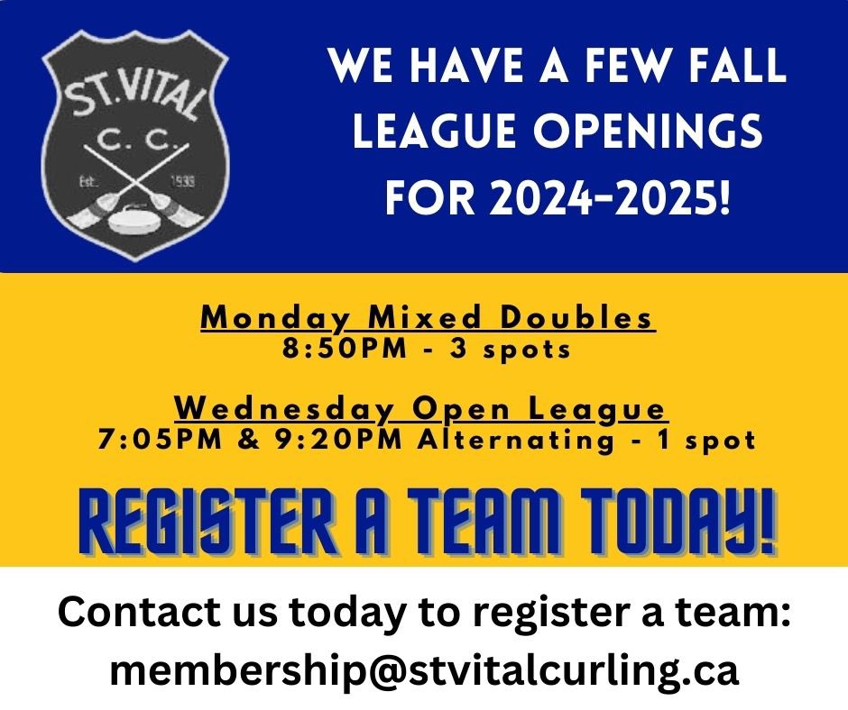 Looking to join one of our curling leagues? 

Good news - there are still spots available in our Monday Mixed Curling and our Wednesday Open League!

Click the link below to register!
…italcurlingclub.rampregistrations.com