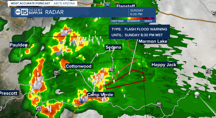 Severe thunderstorms hammering areas of the Verde Valley right now too. A Flash Flood Warning is in place until 8:30 pm for Bell crossing, beaver Creek and the campgrounds, Montezuma Castle National Monument and surrounding areas. Flood is occurring!