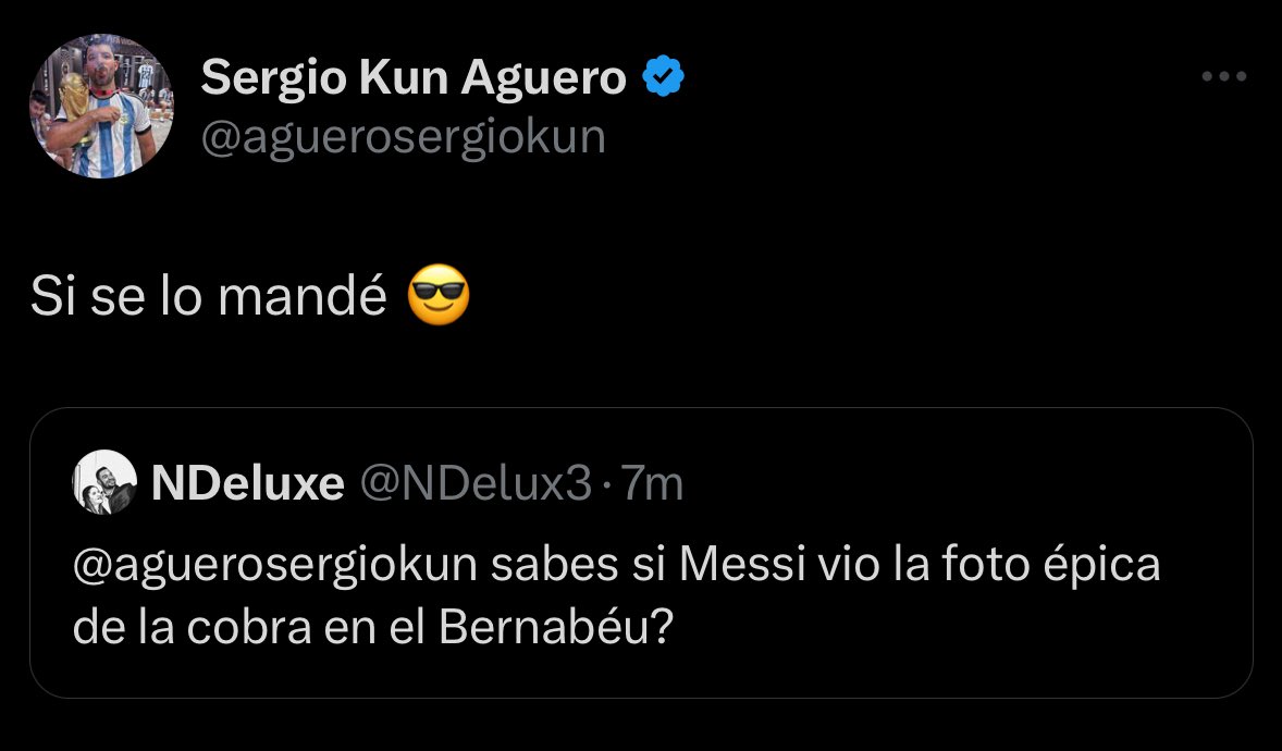 LeoMessifan2012's tweet photo. Do you know if Messi has seen a picture of La Cobra at the Bernabéu?

Aguero: Yes, I sent it to him 😎 https://t.co/NCctNHvo6a