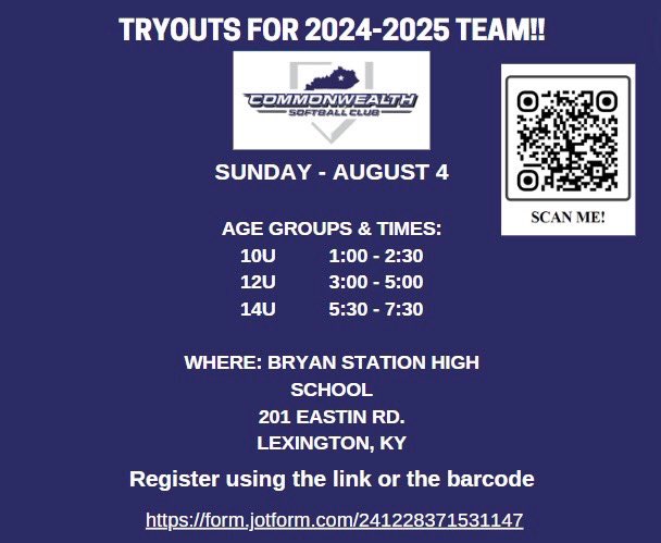 We are looking for girls from Northern KY and Central KY to build a 14U B level team. We are offering tryouts in two different locations. Register online for tryouts. Please help share.