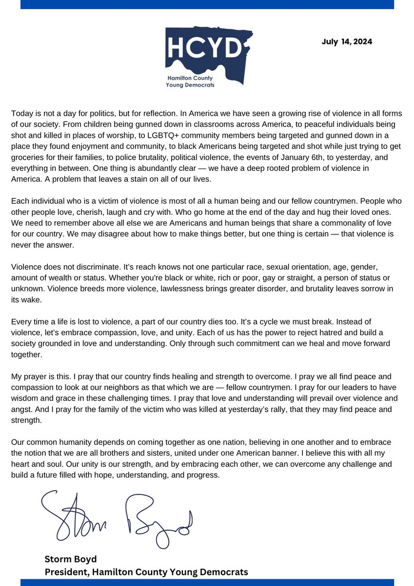 Statement from HCYD President, Storm Boyd on the act of violence at yesterday’s Trump rally: