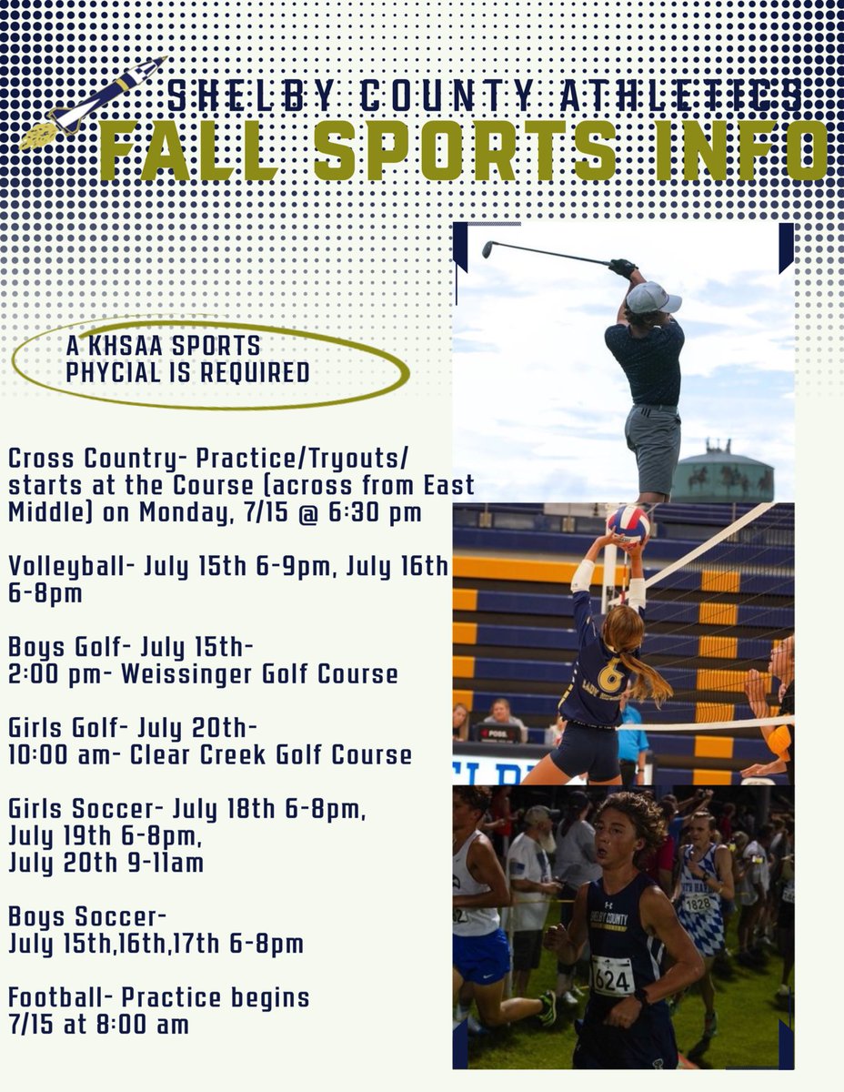 The official first day of FALL SPORTS is TOMORROW! Please see the info below! ⬇️⬇️⬇️⬇️⬇️⬇️⬇️ <a href="/RocketPrincipal/">Shelby County High School</a> <a href="/SCPS_Activities/">SCPS_Activities</a> <a href="/shelbycountysch/">Shelby Co Schools Ky</a>